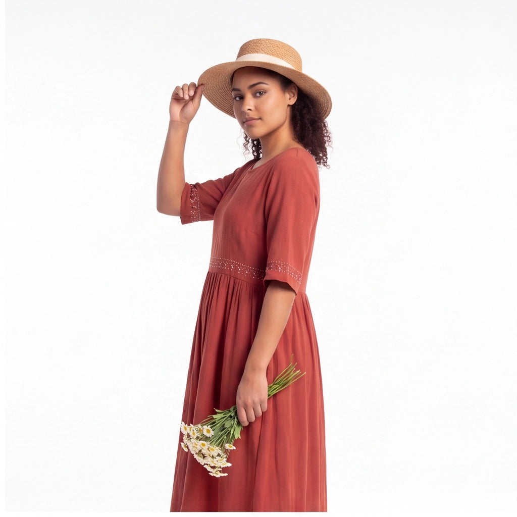 Brick Red Fitzroy Embroidered Cotton Midi Dress 4