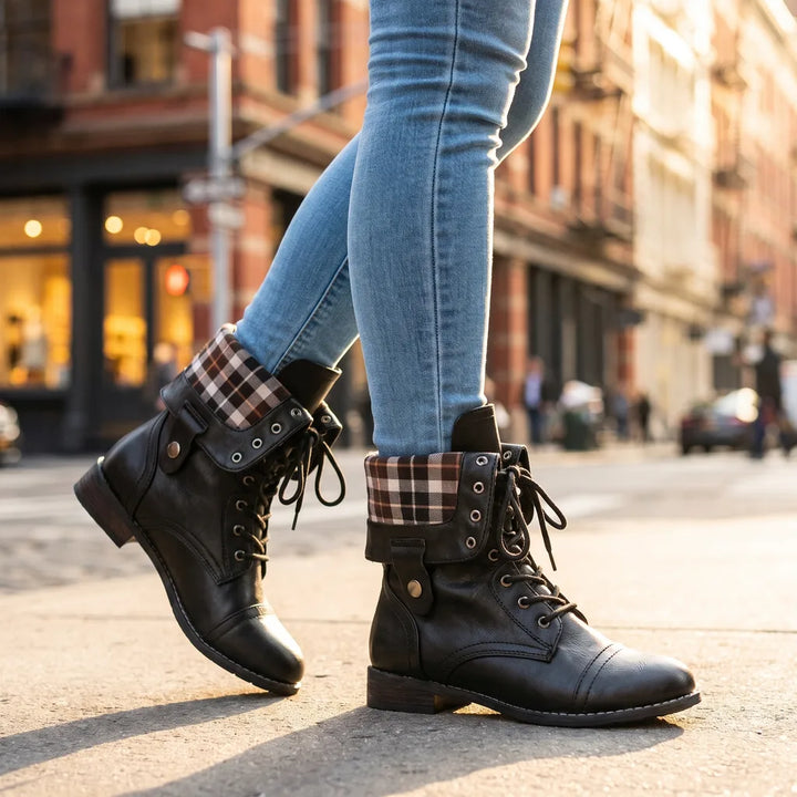 Aaminah Plaid Cap-Toe Boots - Color:Black;Size:35