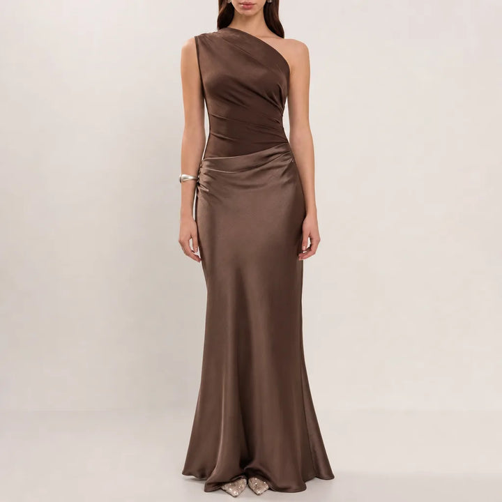 Adaline |  Elegant Asymmetric Evening Gown - Color:Brown;Size:S