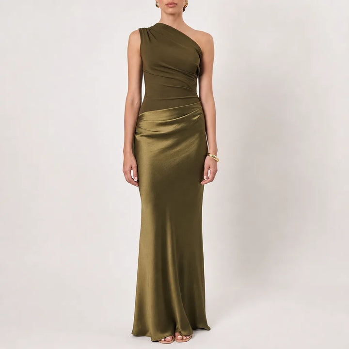 Adaline |  Elegant Asymmetric Evening Gown - Color:Green;Size:S