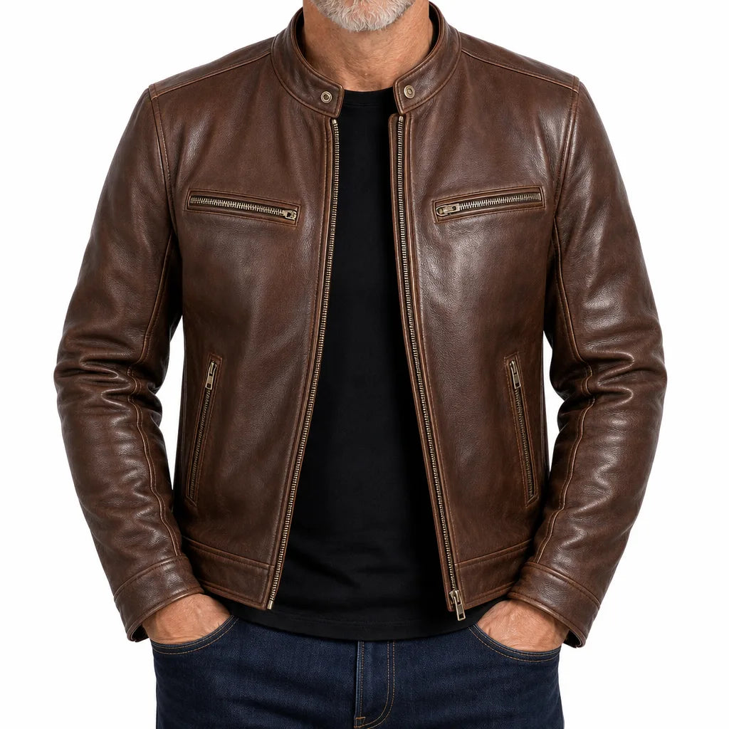 Adrian | Men's Fall Leather Jacket - Color:Brown;Size:XS