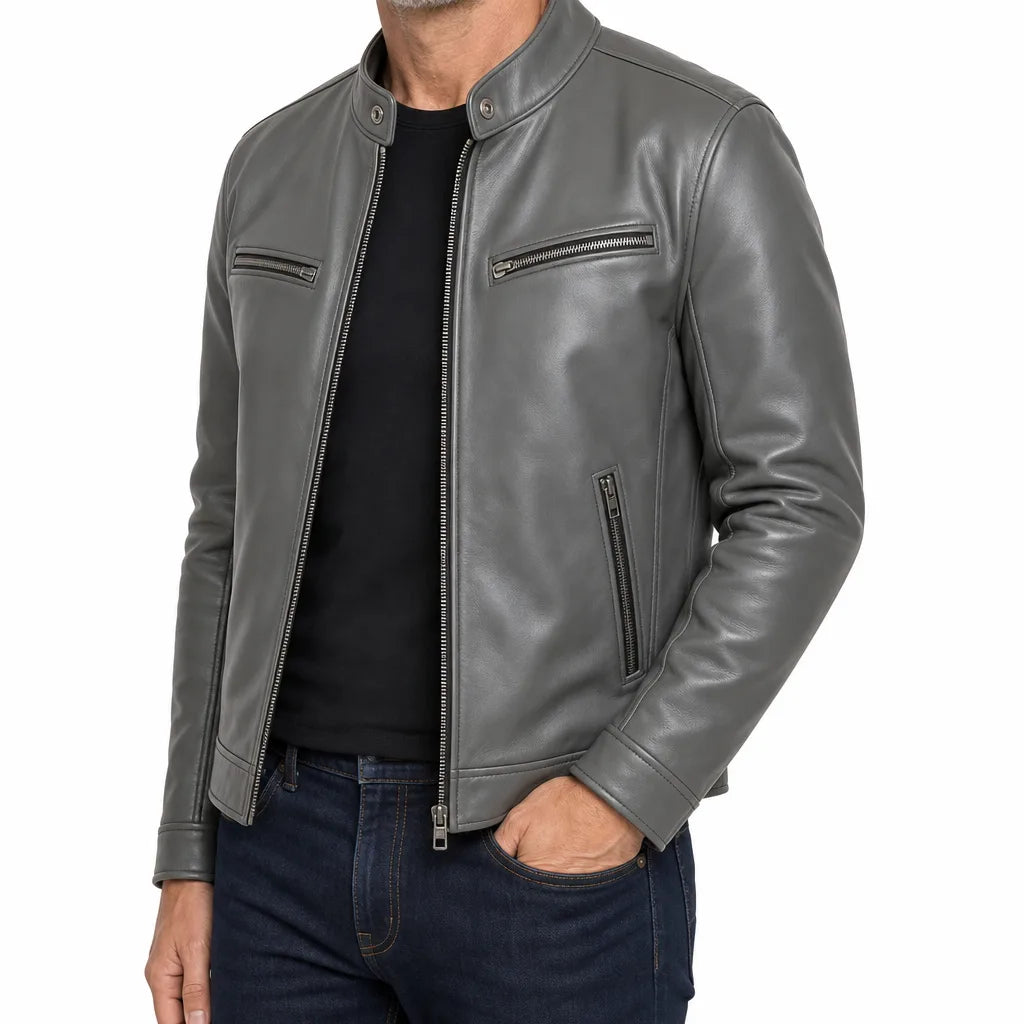 Men's Gray Baldwin Stand Collar Biker Jacket