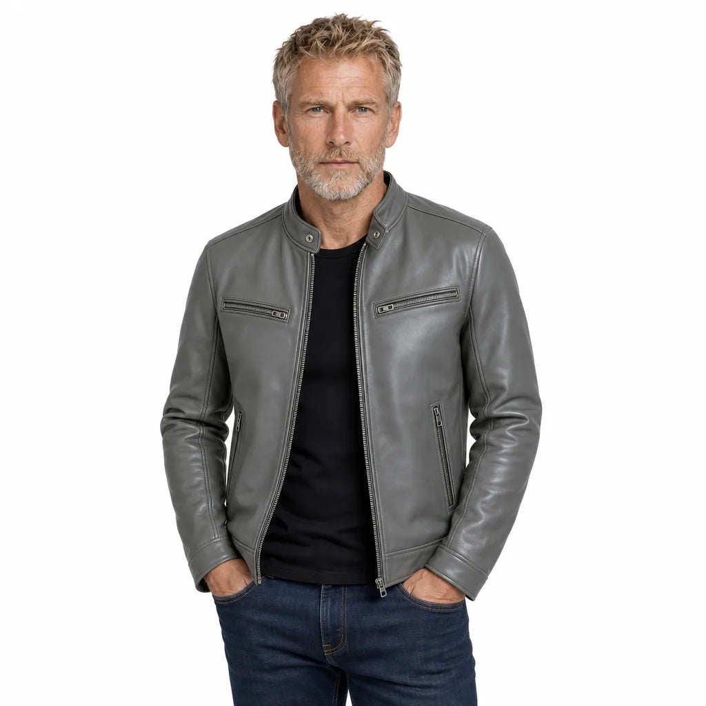 Men's Gray Baldwin Stand Collar Biker Jacket