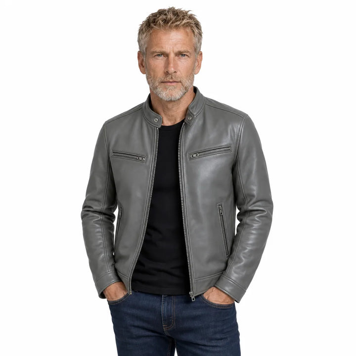 Men's Gray Baldwin Stand Collar Biker Jacket