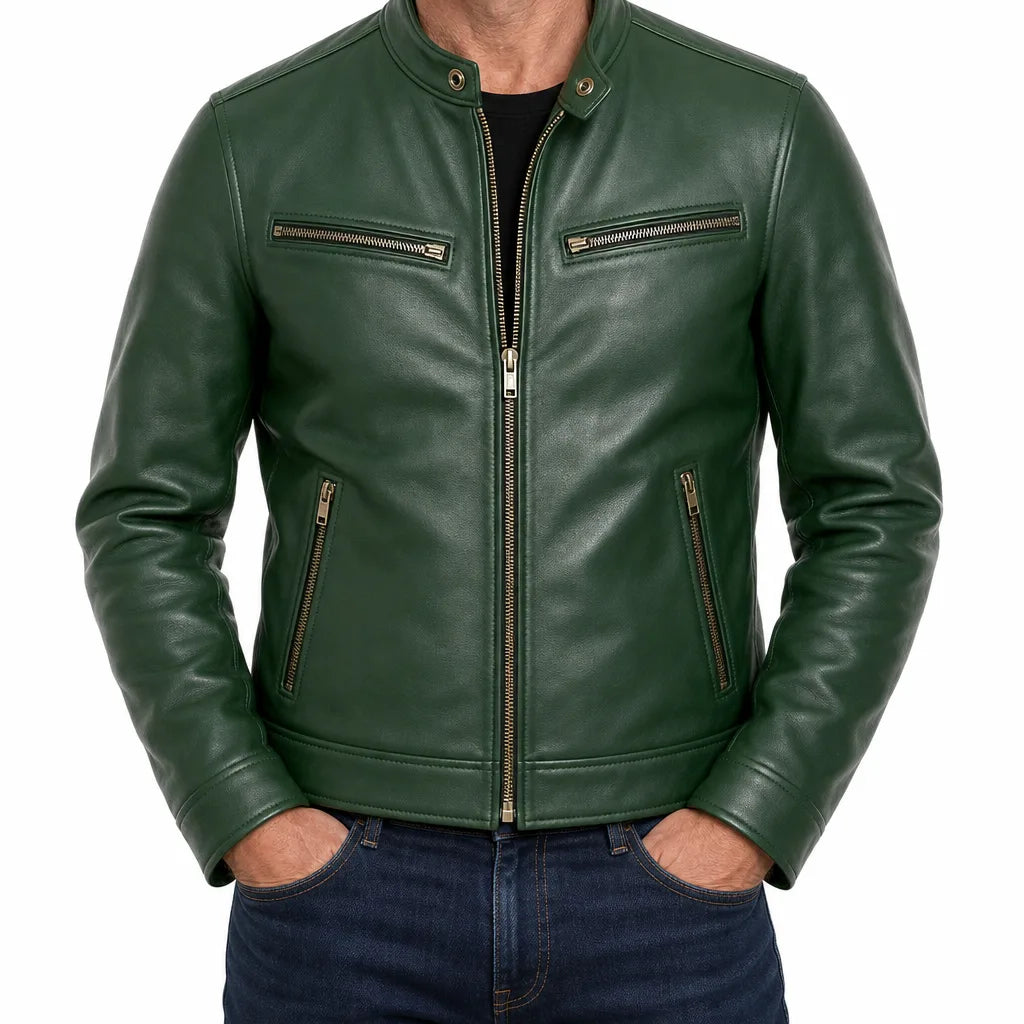 Adrian | Men's Fall Leather Jacket - Color:Green;Size:XS