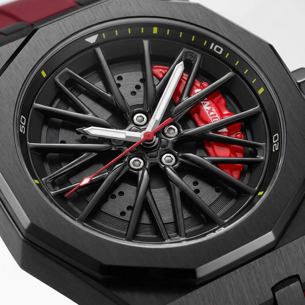 Men's Black Case + Black Dial + Red Rubber Strap 7277-1 Meredith Wheel Dial Watch