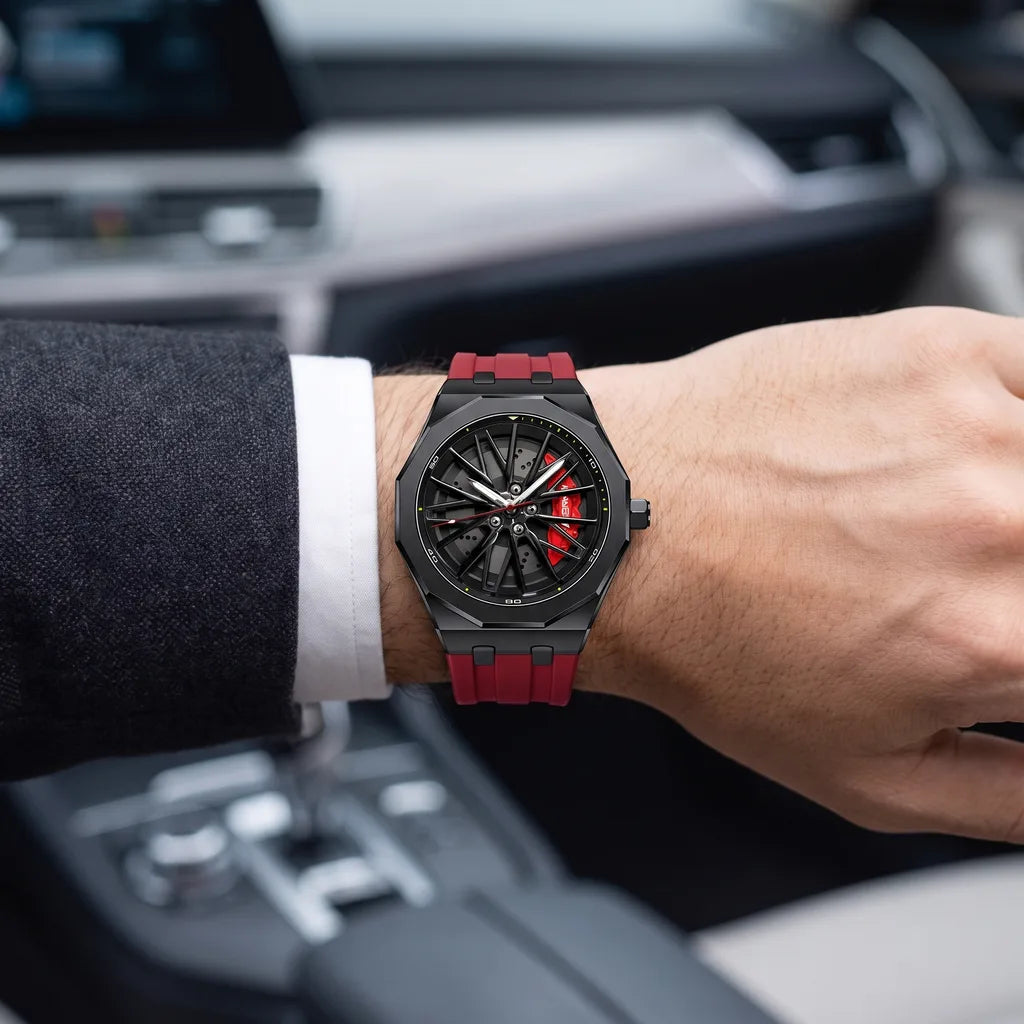 Men's Black Case + Black Dial + Red Rubber Strap 7277-1 Meredith Wheel Dial Watch
