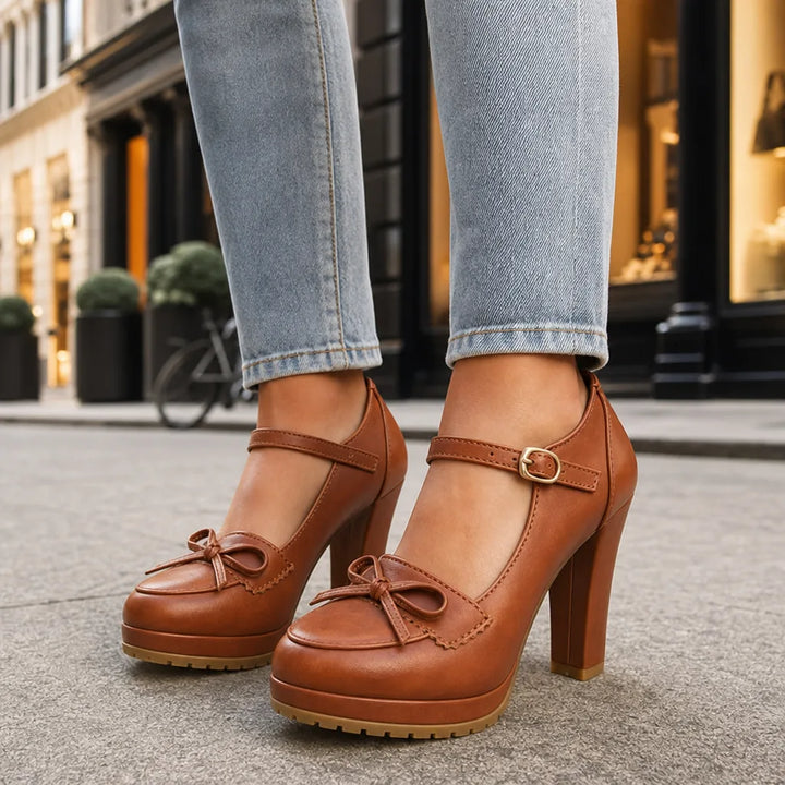 Adriana | Women's Bow-Tie Mary Jane Heels - Color:Brown;Size:35