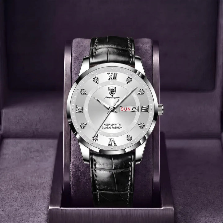 Alden | Mens Vintage Leather Watch - Color:Black/White