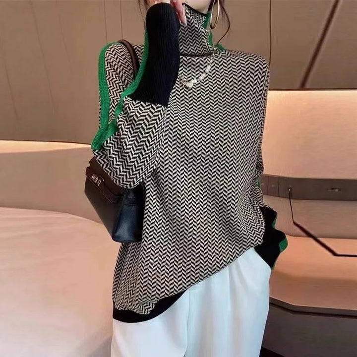 Aleeza | Women's Herringbone Turtleneck Sweater  - Color:Green;Size:S