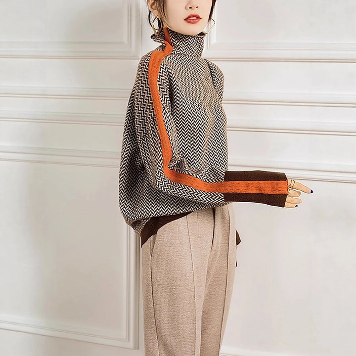 Aleeza | Women's Herringbone Turtleneck Sweater  - Color:Orange;Size:S