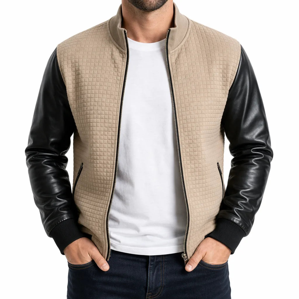 Alexander | Men's Color-Block Bomber Jacket  - Color:Beige;Size:XS
