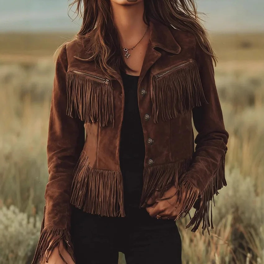Alina | Women's Fringe Western Jacket - Color:Dark Brown;Size:XS