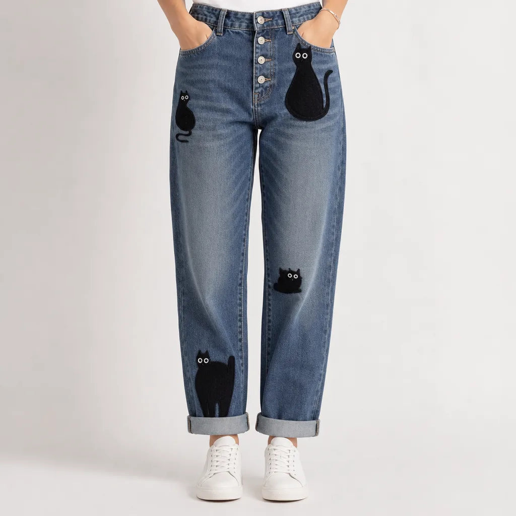 Alisa | Baggy Wide Leg Jeans - Color:Cat Print;Size:XS