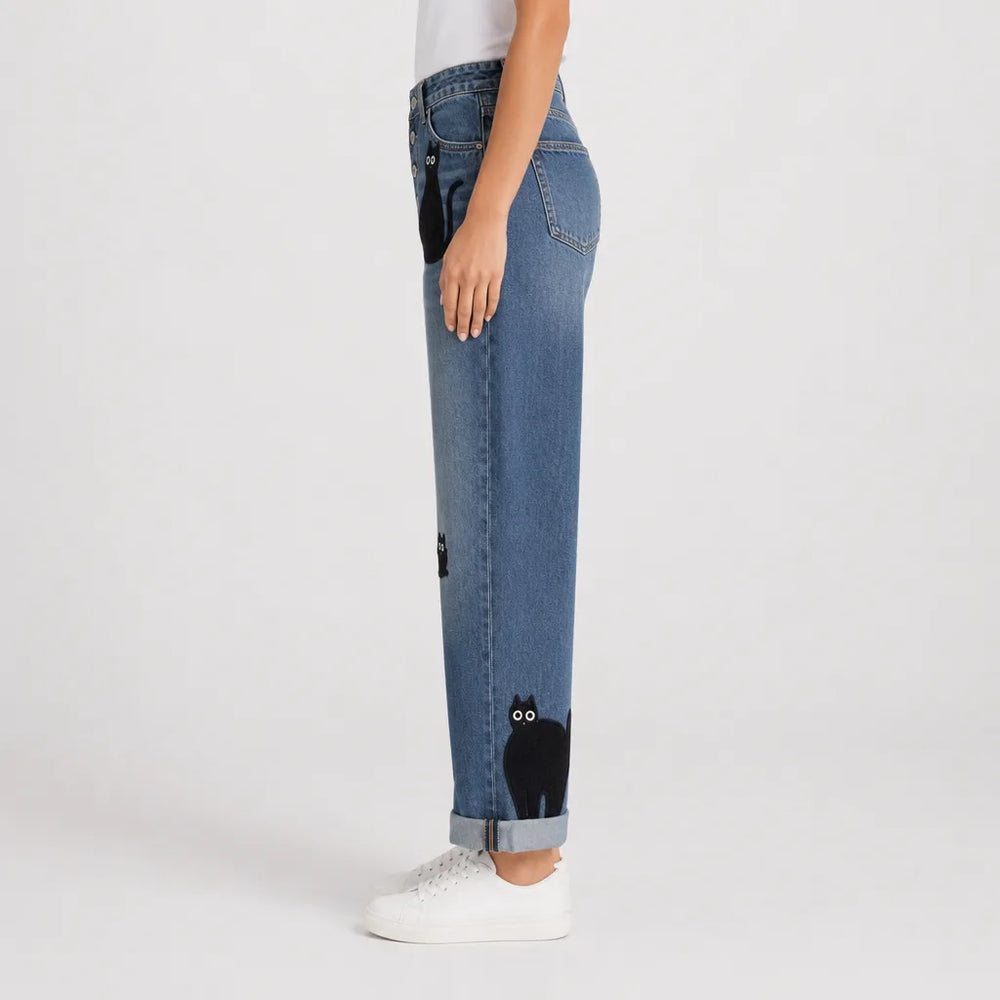 Women's Cat Print 983853-1 London Straight Leg Jeans