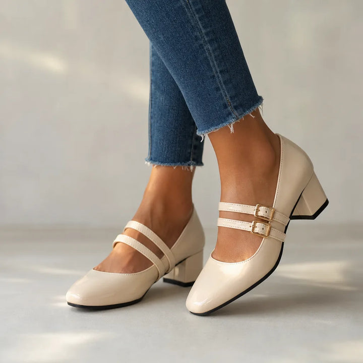 Women's Beige Cohen Buckle Block Heel Pumps