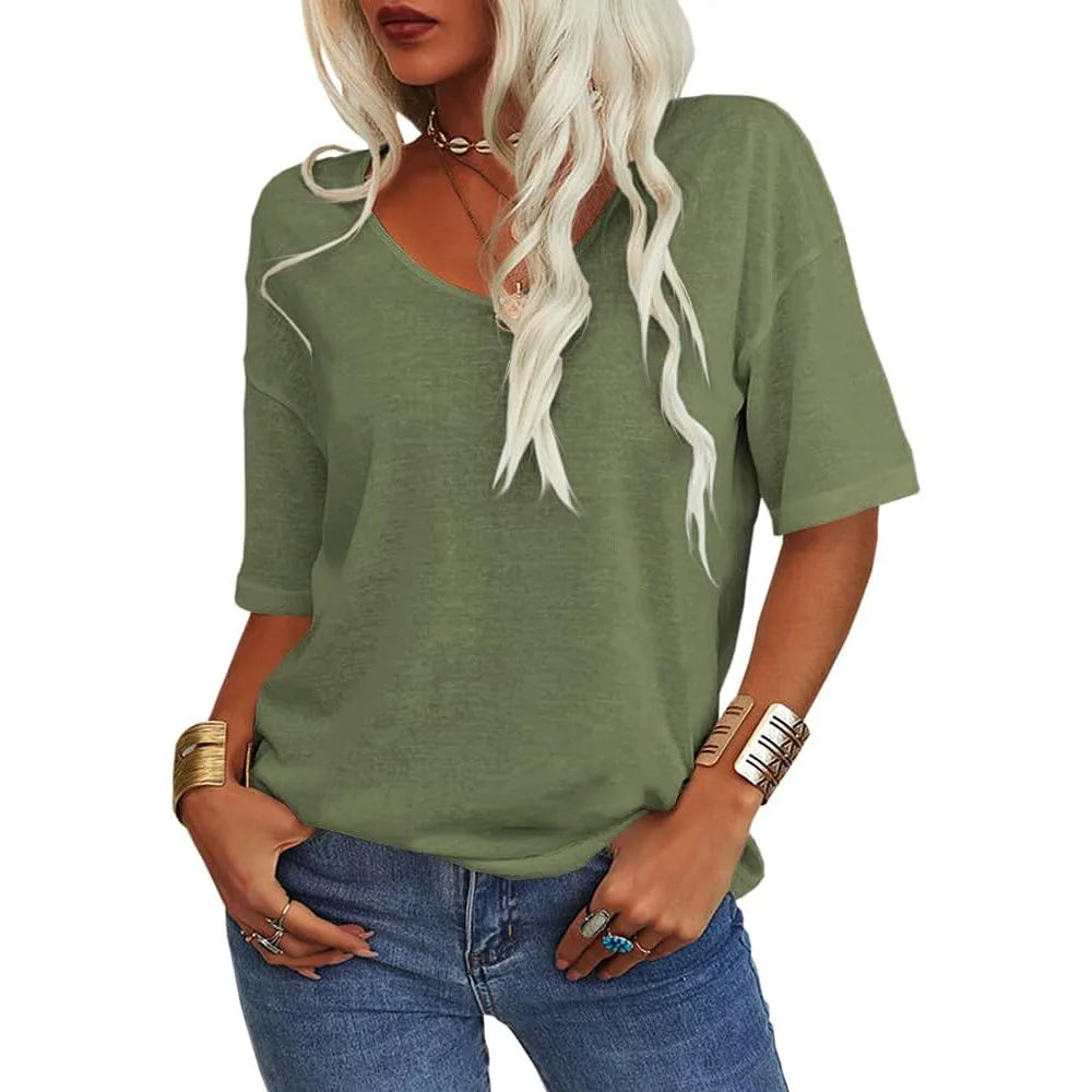 Amara | Women's Relaxed Scoop-Neck T-Shirt   - Color:Army Green;Size:XS