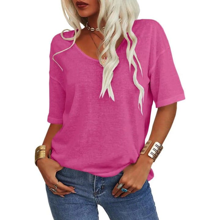 Amara | Women's Relaxed Scoop-Neck T-Shirt   - Color:Rose Red;Size:XS