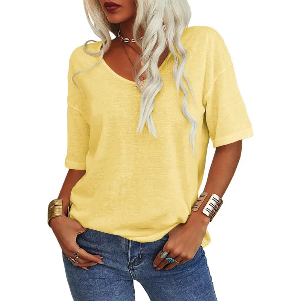 Amara | Women's Relaxed Scoop-Neck T-Shirt   - Color:Yellow;Size:XS