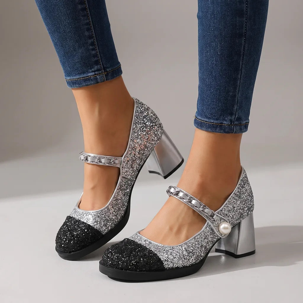 Amirah | Women's Orthopedic Block-Heel Mary Jane Shoes  - Color:Silver;Size:35