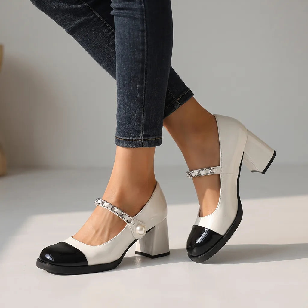 Amirah | Women's Orthopedic Block-Heel Mary Jane Shoes  - Color:White;Size:35