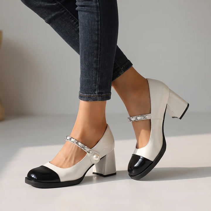 Amirah | Women's Orthopedic Block-Heel Mary Jane Shoes  - Color:White;Size:35
