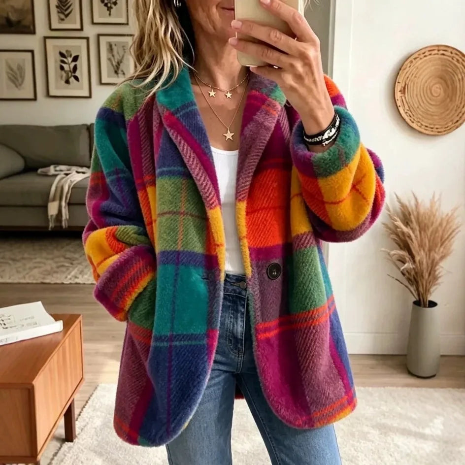 Andrea | Women's Cozy Plaid Jacket - Size:XS;Color:Rainbow