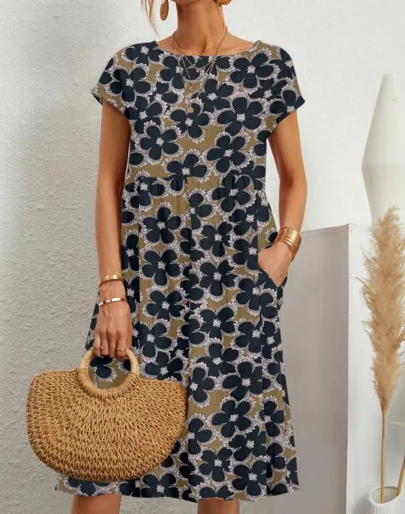 Andrea |  Women's Floral Cotton-Linen Midi Dress  - Size:S;Color:Blue