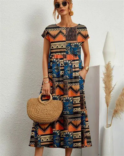 Andrea |  Women's Floral Cotton-Linen Midi Dress  - Size:S;Color:Orange