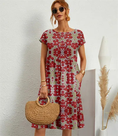 Andrea |  Women's Floral Cotton-Linen Midi Dress  - Size:S;Color:Rogue