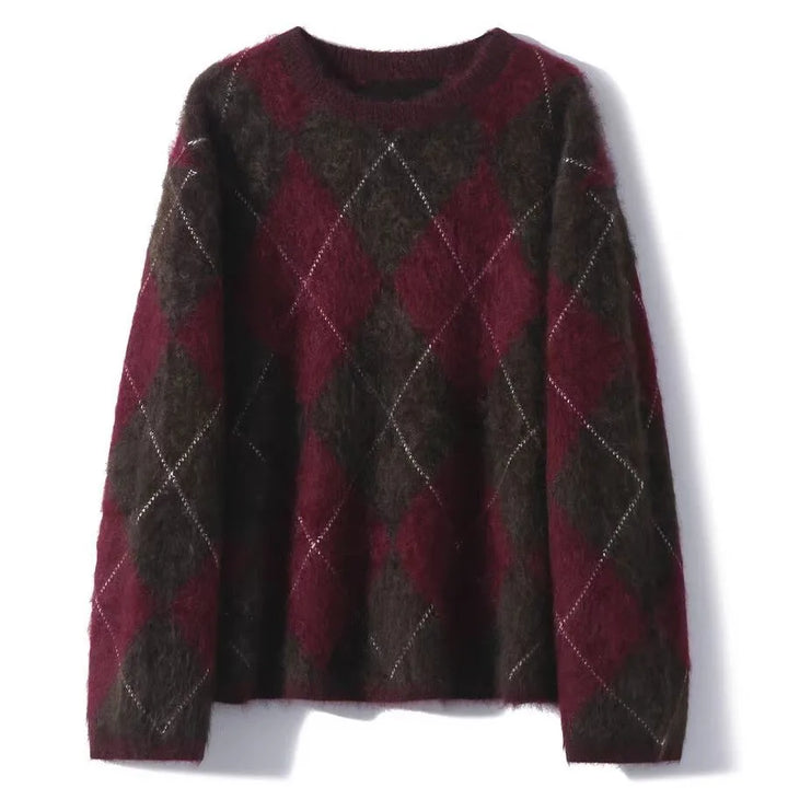 Angelica | Women's Diamond Plaid Knit Sweater - Color:Red-Brown Diamond Plaid;Size:XS