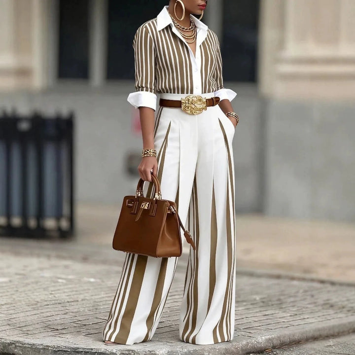 Anika | Women's Elegant Striped Wide-Leg Co-Ord Set  - Color:Beige;Size:XS