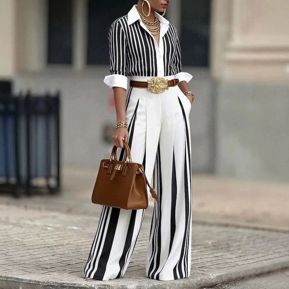 Anika | Women's Elegant Striped Wide-Leg Co-Ord Set  - Color:Black;Size:XS