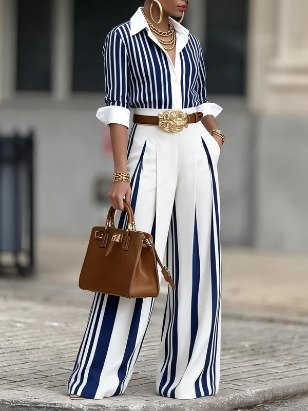 Anika | Women's Elegant Striped Wide-Leg Co-Ord Set  - Color:Blue;Size:XS