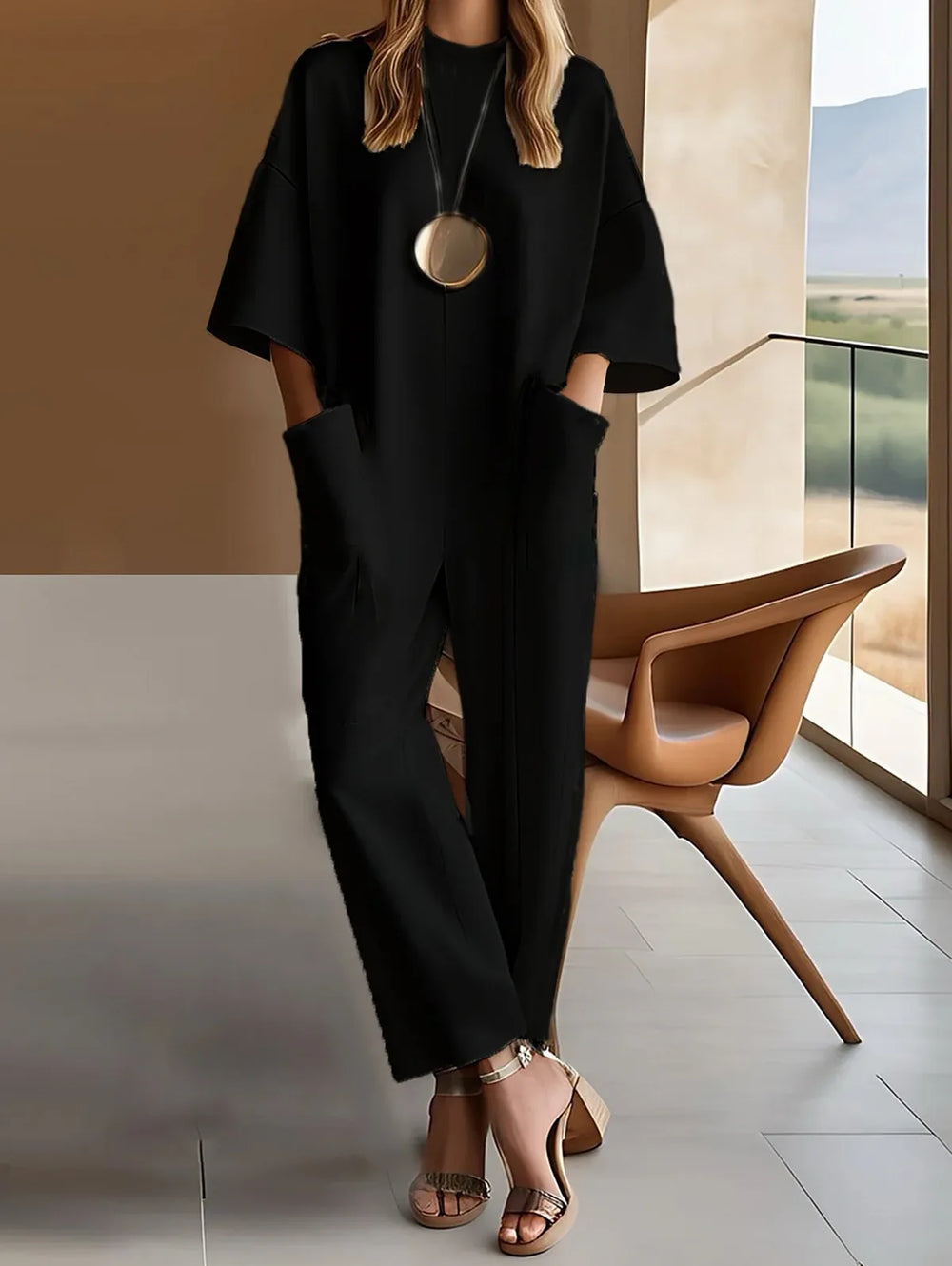 Anika | Women's Short-Sleeve Evening Jumpsuit - Color:Black;Size:XS