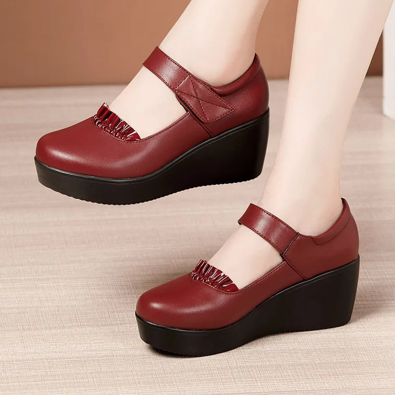 Ann | Women's Orthopedic Wedge Mary Jane Shoes  - Color:Burgundy;Size:35