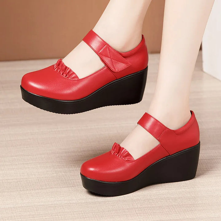 Ann | Women's Orthopedic Wedge Mary Jane Shoes  - Color:Red;Size:35