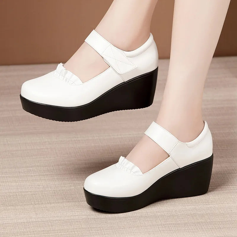 Ann | Women's Orthopedic Wedge Mary Jane Shoes  - Color:White;Size:35