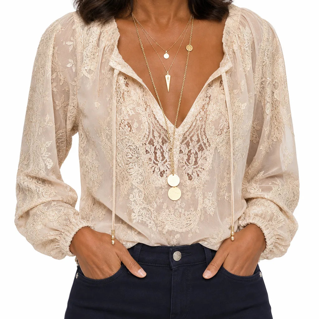 Women's Beige Sebastian Lace V-Neck Blouse