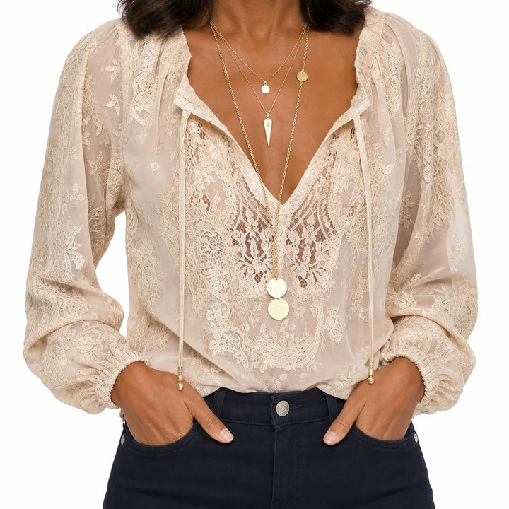 Women's Beige Sebastian Lace V-Neck Blouse