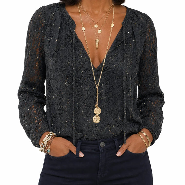 Women's Black Sebastian Lace V-Neck Blouse