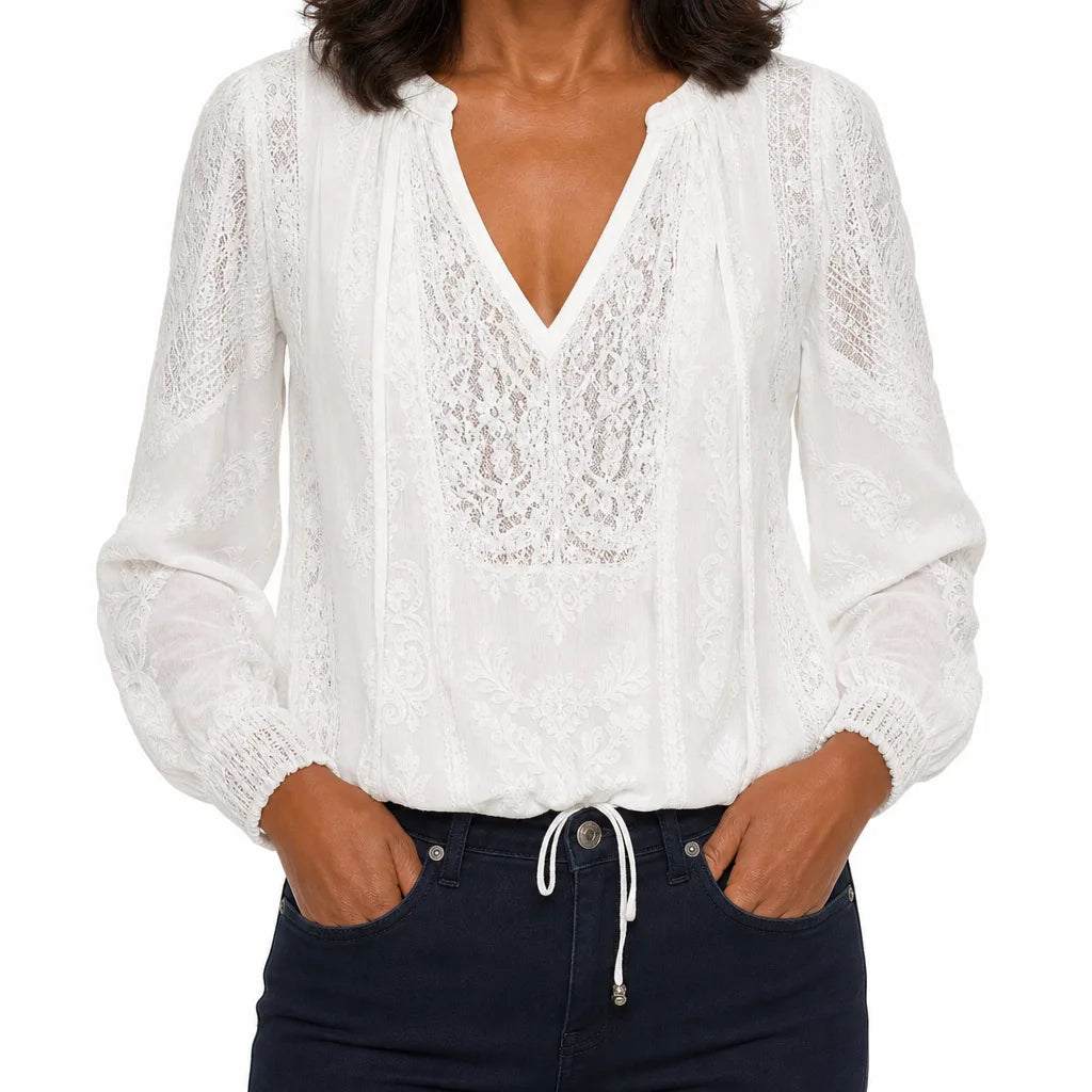Women's White Sebastian Lace V-Neck Blouse