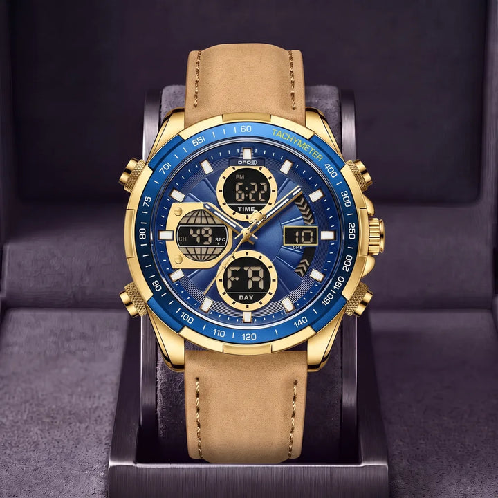 Anson | Mens Digital Leather Watch - Color:Khaki/Blue