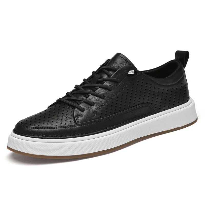 Anthony | Men's Leather Sneakers - Color:Black Breathable;Size:38