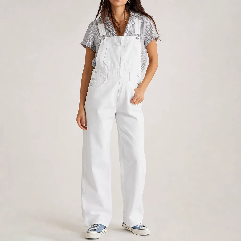 Women's White Irving Washed Denim Overalls
