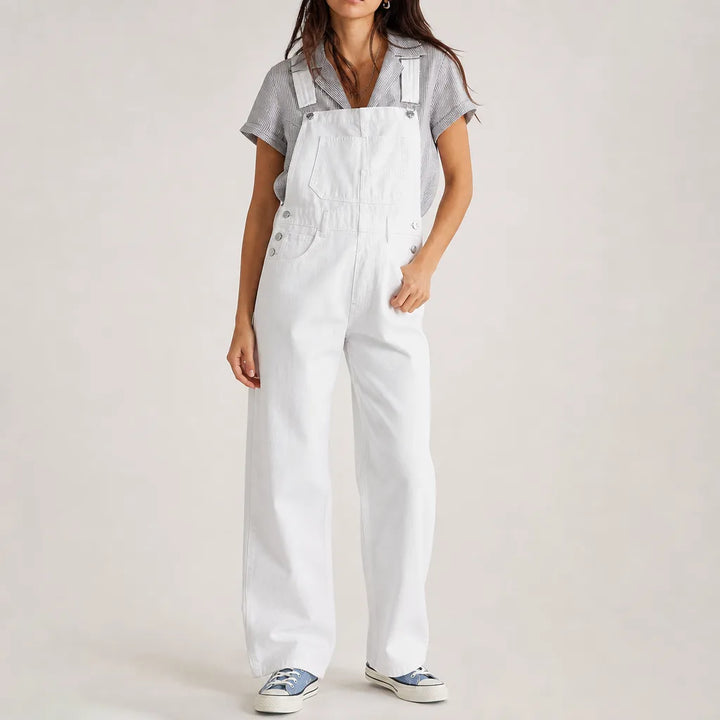 Women's White Irving Washed Denim Overalls