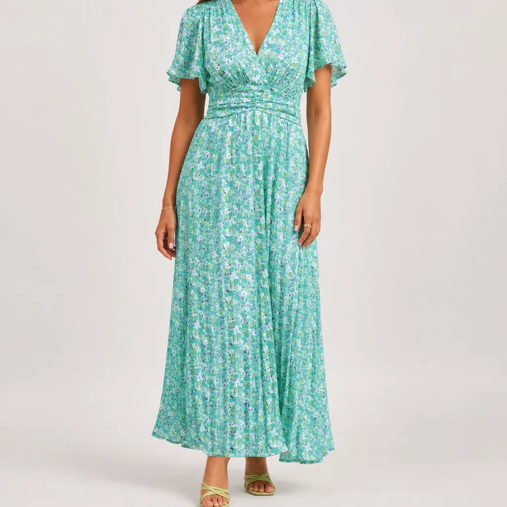 Anwen | Stylish Floral maxi Dress - Color:Green;Size:XS