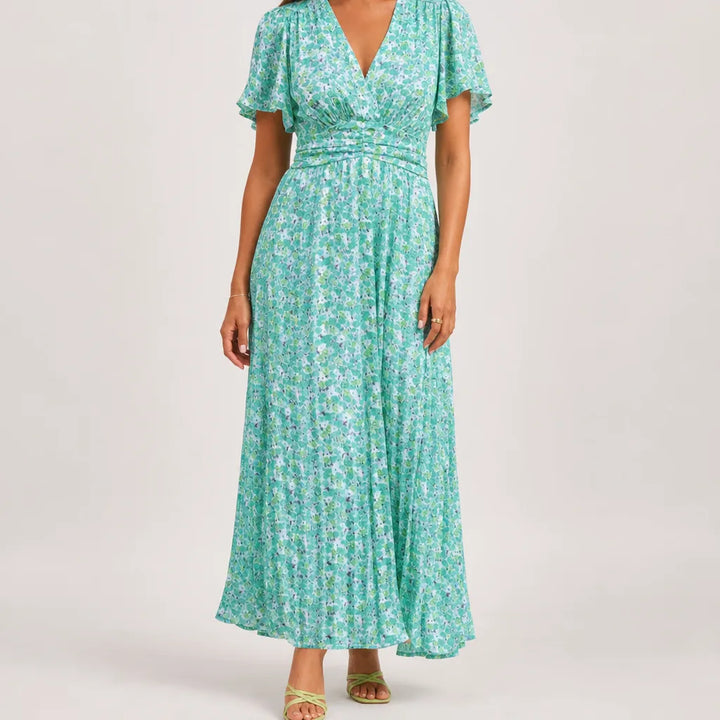 Anwen | Stylish Floral maxi Dress - Color:Green;Size:XS