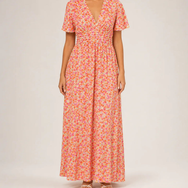Anwen | Stylish Floral maxi Dress - Color:Orange;Size:XS