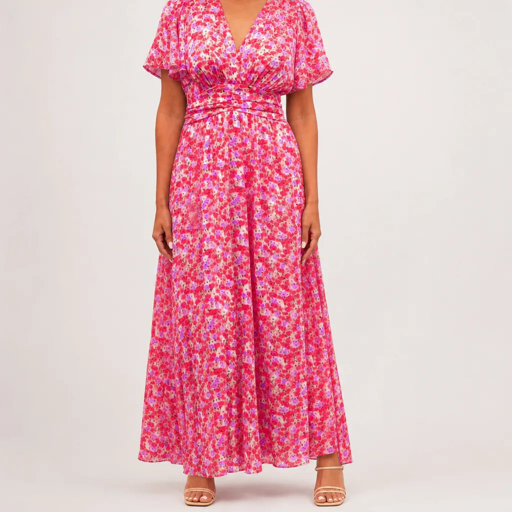 Anwen | Stylish Floral maxi Dress - Color:Red;Size:XS
